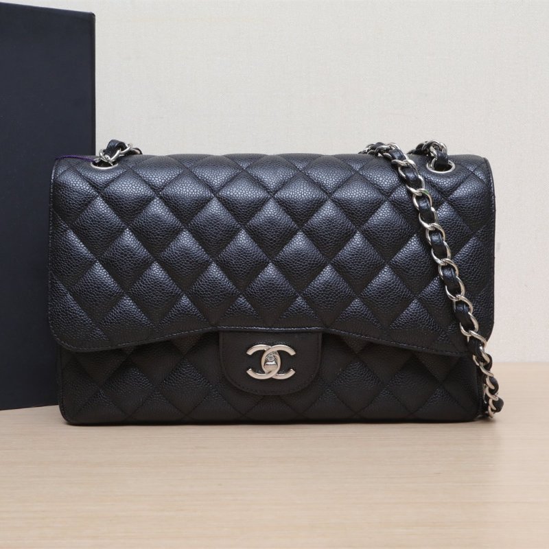 CHANEL CF口蓋包JUMBO30黑色荔枝牛皮26開金扣菱格紋肩背包-0