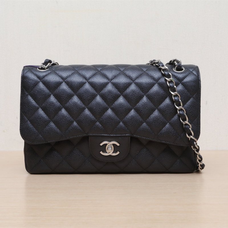 CHANEL CF口蓋包JUMBO30黑色荔枝牛皮26開金扣菱格紋肩背包-1
