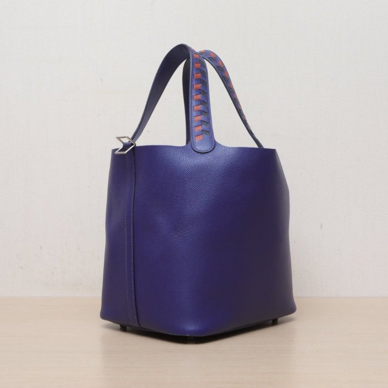 HERMES Picotin22菜籃子M3水墨藍Epsom皮D刻銀扣肩背包-3