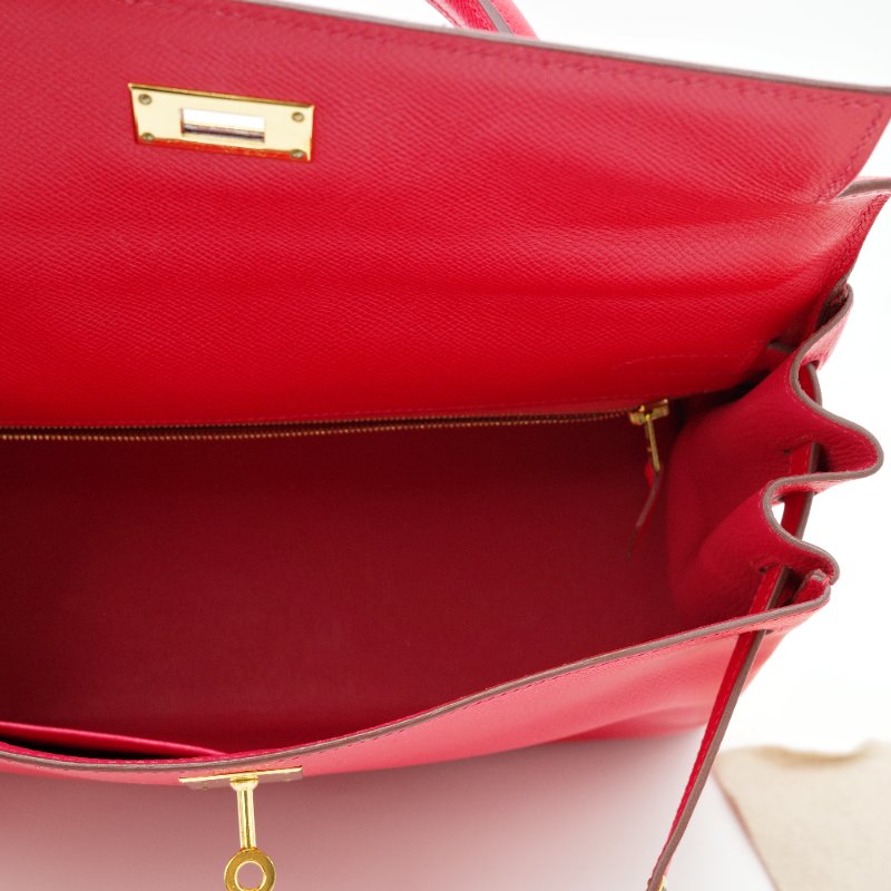 【聖誕紅🎁送禮自用】 Hermès 愛馬仕 Kelly 32 心色 山羊皮 金扣 手挽肩背兩用包-15