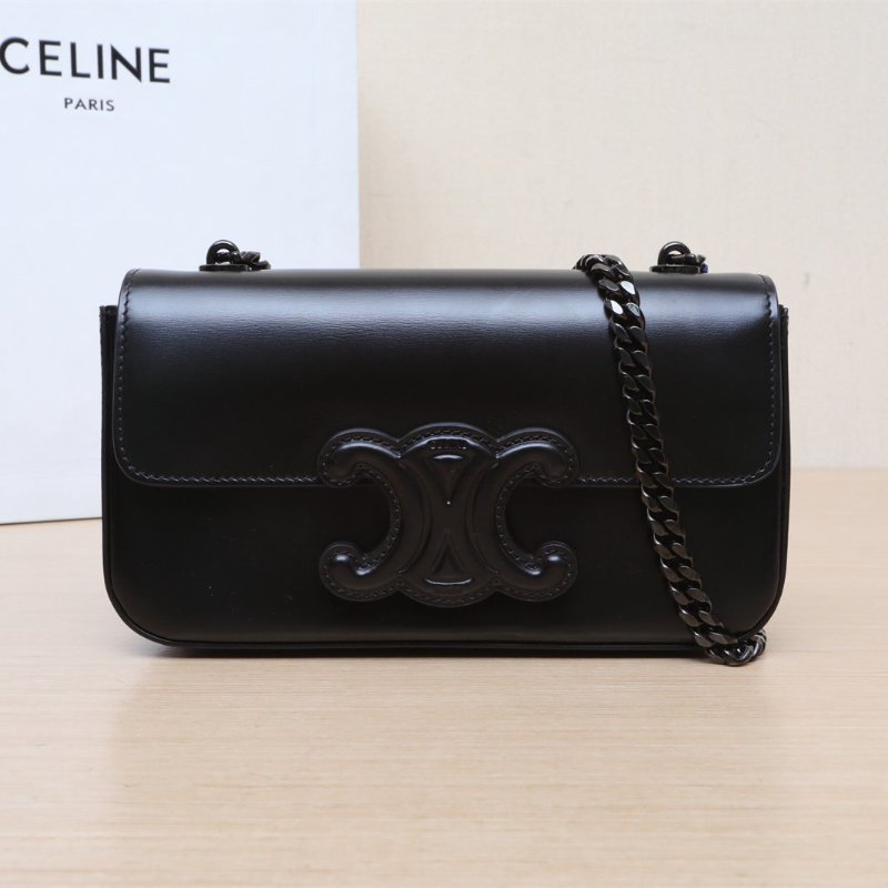 CELINE CuirTriomphe凱旋門浮雕橫版肩背包20鏈條款黑色牛皮黑扣肩背包-0
