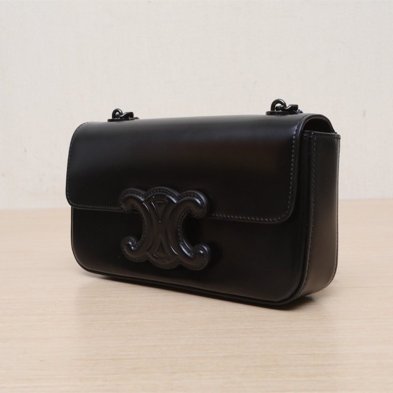 CELINE CuirTriomphe凱旋門浮雕橫版肩背包20鏈條款黑色牛皮黑扣肩背包-3