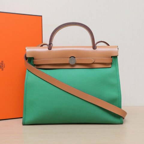 HERMES Herbag311K竹子綠帆布/Hunter牛皮X刻銀扣肩背包
