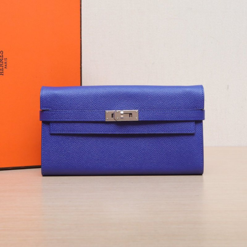 HERMES Kelly長款錢包7T電光藍Epsom皮X刻銀扣肩背包-0