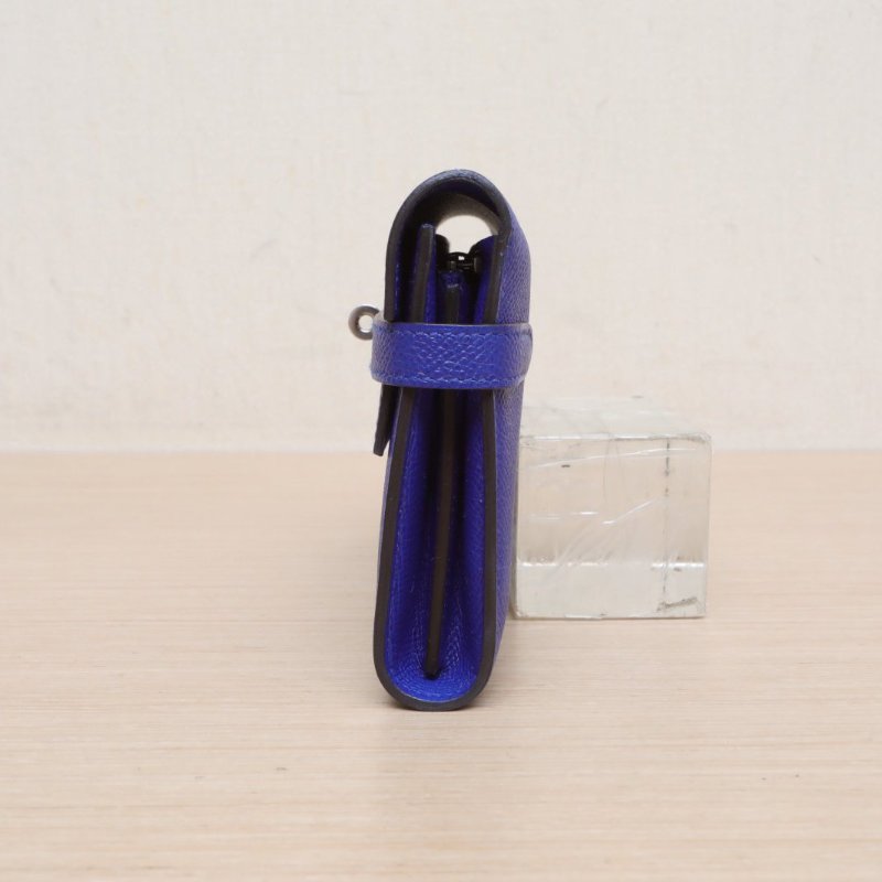 HERMES Kelly長款錢包7T電光藍Epsom皮X刻銀扣肩背包-3