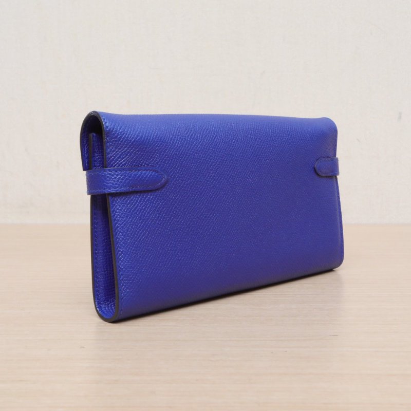 HERMES Kelly長款錢包7T電光藍Epsom皮X刻銀扣肩背包-4