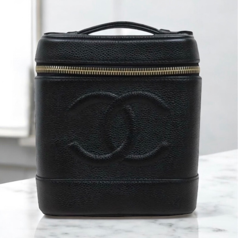 「JL精品代購」97新 Chanel 香奈兒 黑銀手提化妝包-0