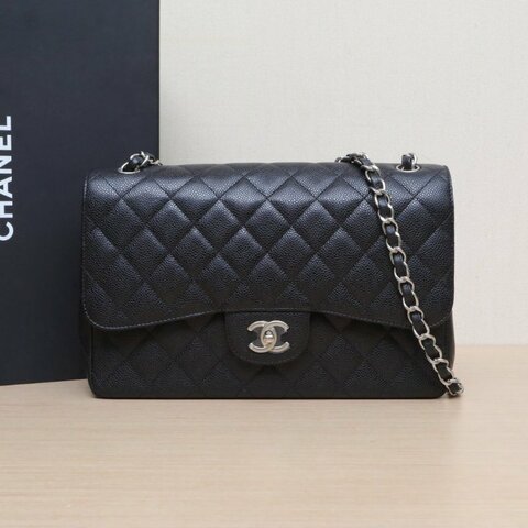 CHANEL CF口蓋包JUMBO30黑色荔枝牛皮17開銀扣肩背包