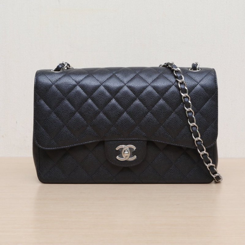 CHANEL CF口蓋包JUMBO30黑色荔枝牛皮17開銀扣肩背包-1