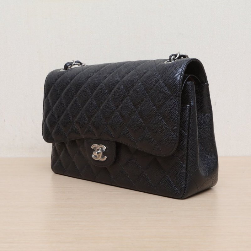 CHANEL CF口蓋包JUMBO30黑色荔枝牛皮17開銀扣肩背包-3