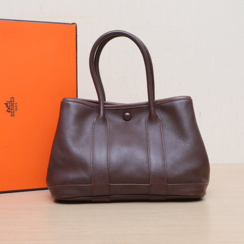 HERMES 中古mini花園包46烏木色Swift皮框I銀扣肩背包-0