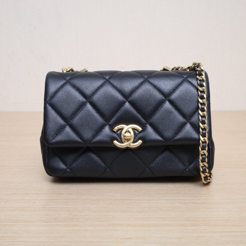 CHANEL CF大mini20水鑽鏈條手柄黑色羊皮晶片開金扣水鑽LOGO多鏈條24C肩背包-1