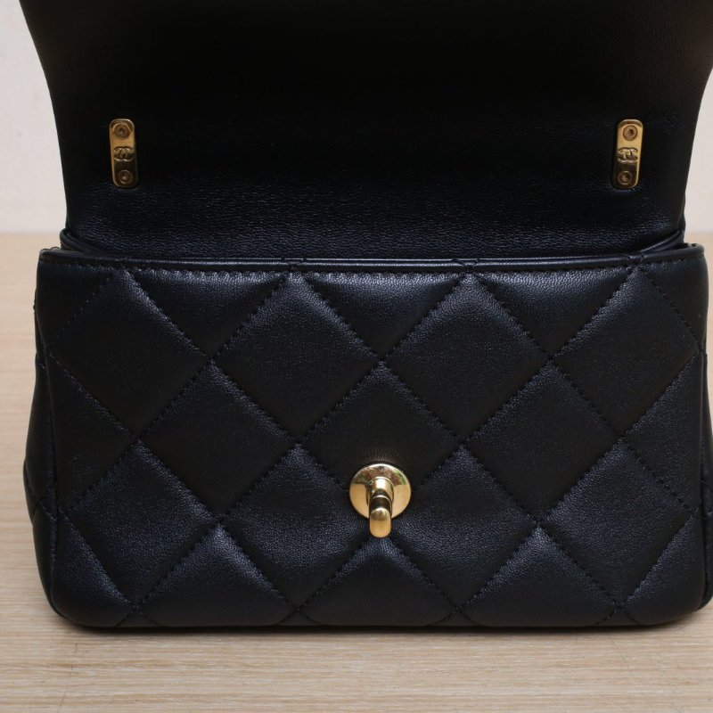 CHANEL CF大mini20水鑽鏈條手柄黑色羊皮晶片開金扣水鑽LOGO多鏈條24C肩背包-3