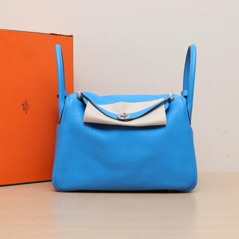 HERMES Lindy30Z6孔雀綠拼B3坦桑尼亞藍TC皮A刻銀扣肩背包