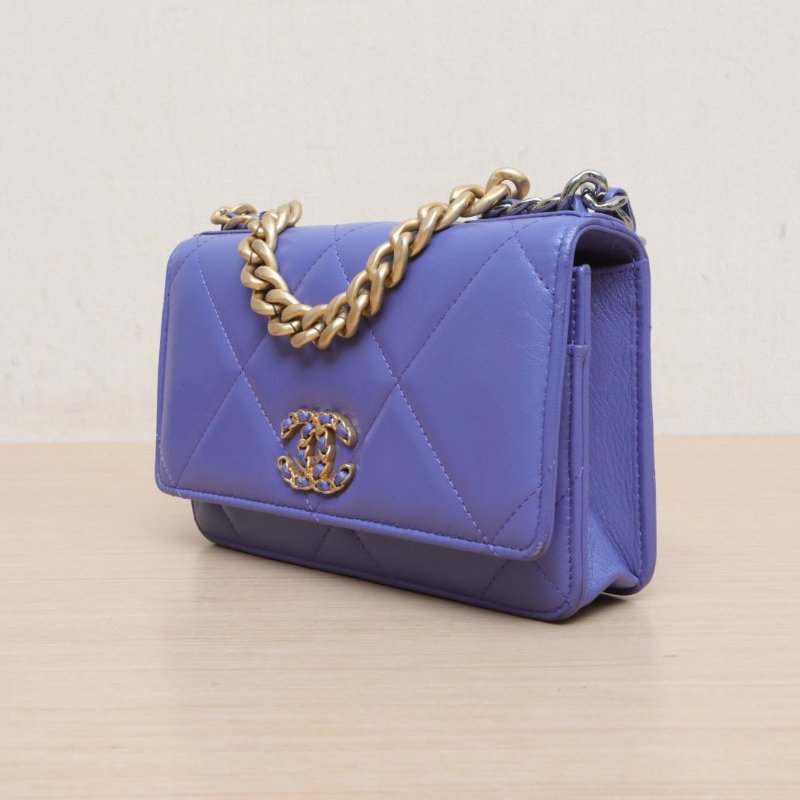 CHANEL 19BAG吸扣WOC19紫色羊皮30開金銀扣肩背包-4