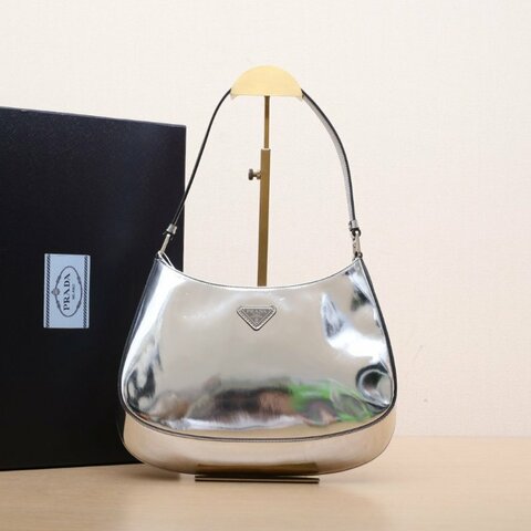 PRADA Cleo單肩包亮面皮革銀色牛皮銀扣肩背包