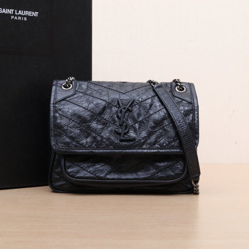 SAINT LAURENT NikiMini21黑色牛皮銀扣肩背包-0