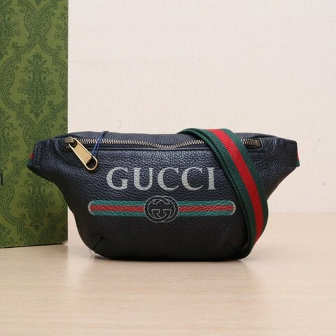 GUCCI Print復古logo印花腰包Mini22黑色牛皮肩背包