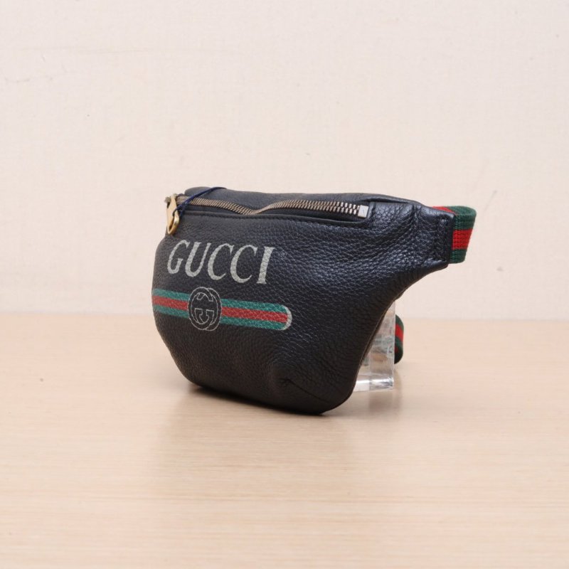 GUCCI Print復古logo印花腰包Mini22黑色牛皮肩背包-3