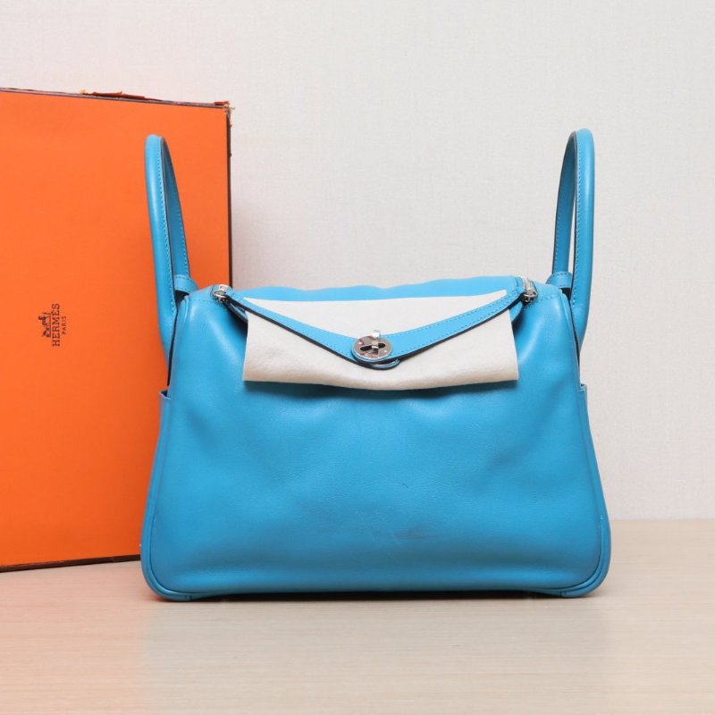 HERMES Lindy307B松石藍Swift皮框Q銀扣肩背包-0
