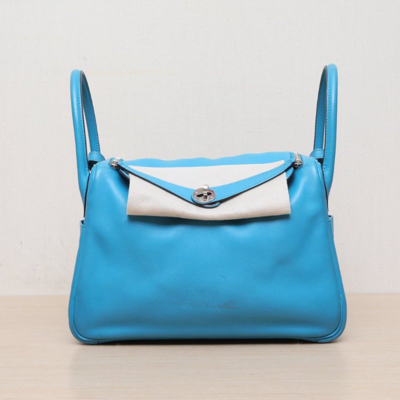 HERMES Lindy307B松石藍Swift皮框Q銀扣肩背包-1