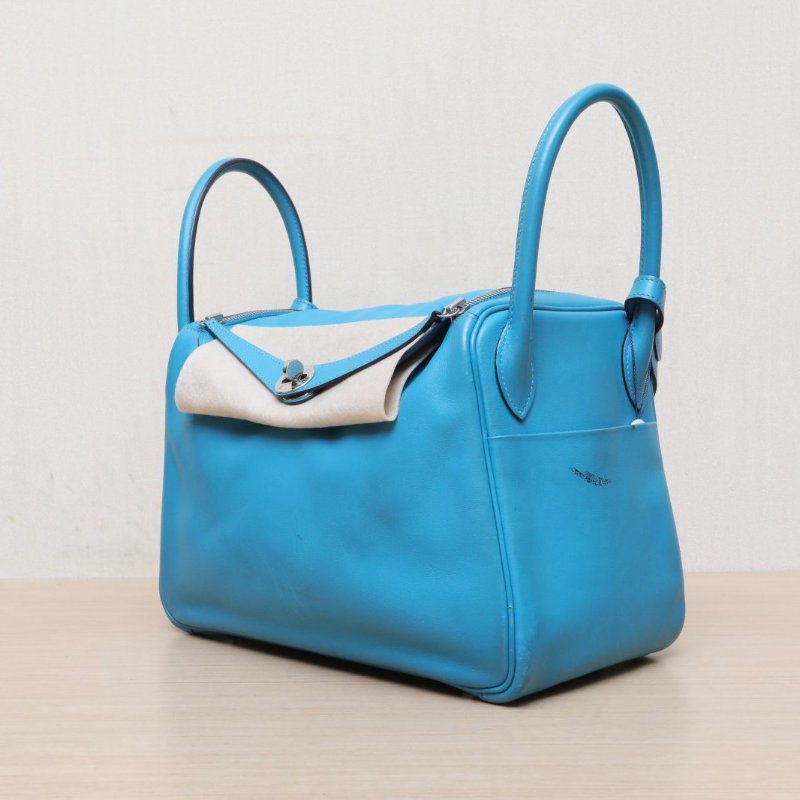 HERMES Lindy307B松石藍Swift皮框Q銀扣肩背包-3
