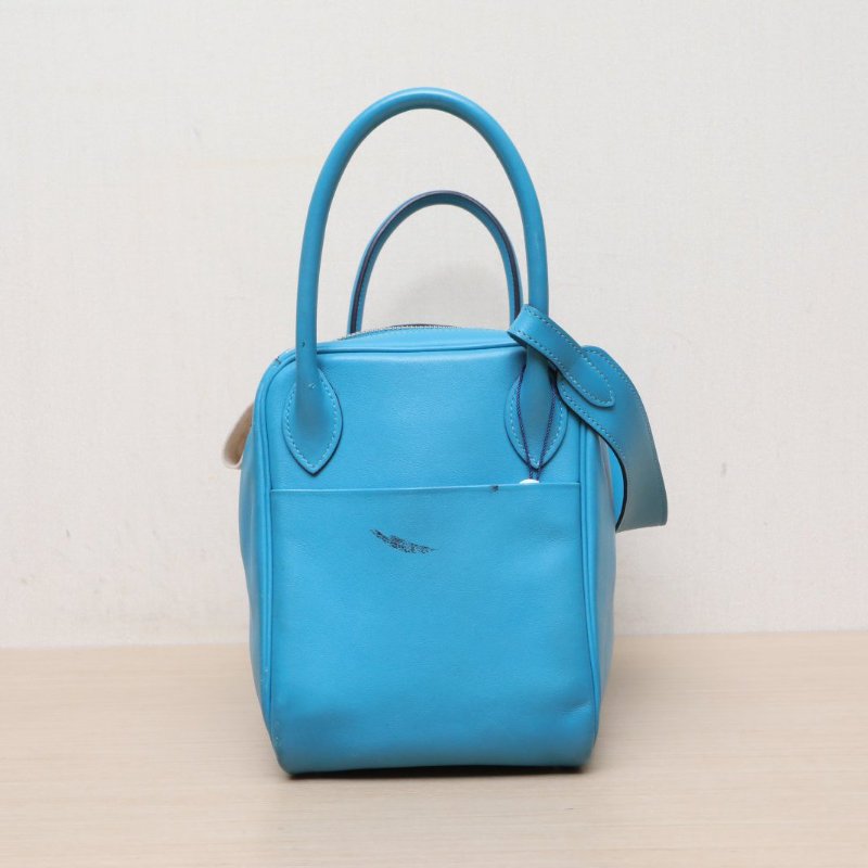 HERMES Lindy307B松石藍Swift皮框Q銀扣肩背包-4
