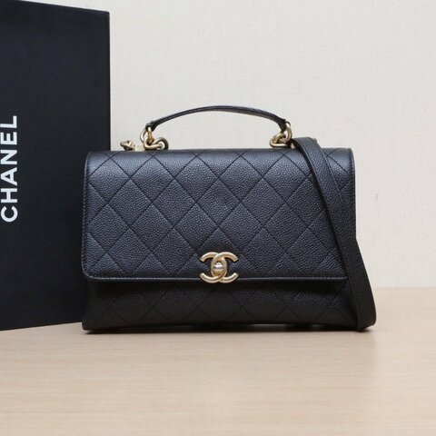 CHANEL 19SS手柄郵差包25黑色荔枝牛皮27開金扣皮手柄肩背包