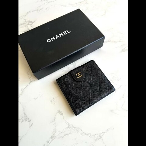 【LA LUNE】中古Chanel雙面魚子醬皮革 黑色短夾 皮夾 錢包 小包 古董二手包