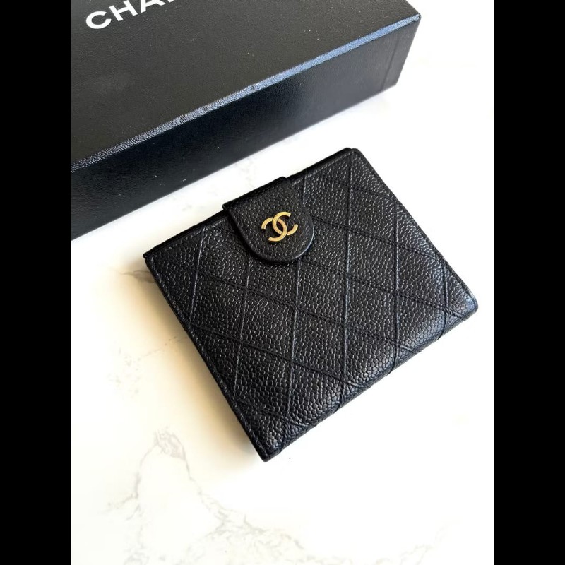 【LA LUNE】中古Chanel雙面魚子醬皮革 黑色短夾 皮夾 錢包 小包 古董二手包-1