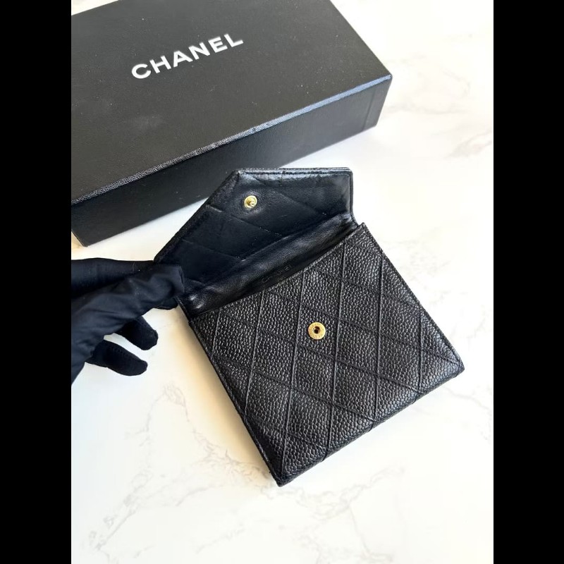 【LA LUNE】中古Chanel雙面魚子醬皮革 黑色短夾 皮夾 錢包 小包 古董二手包-2