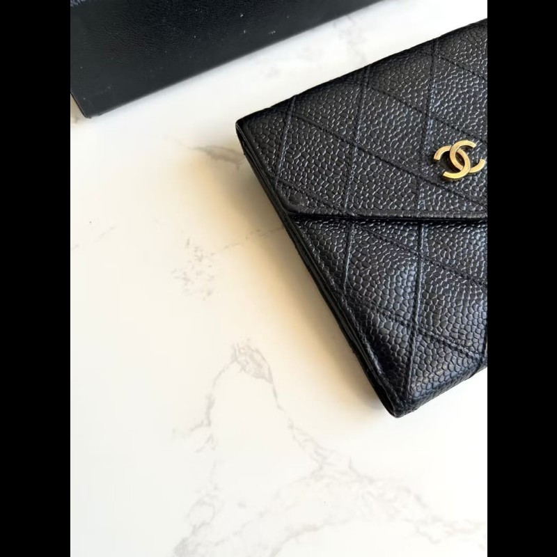 【LA LUNE】中古Chanel雙面魚子醬皮革 黑色短夾 皮夾 錢包 小包 古董二手包-3