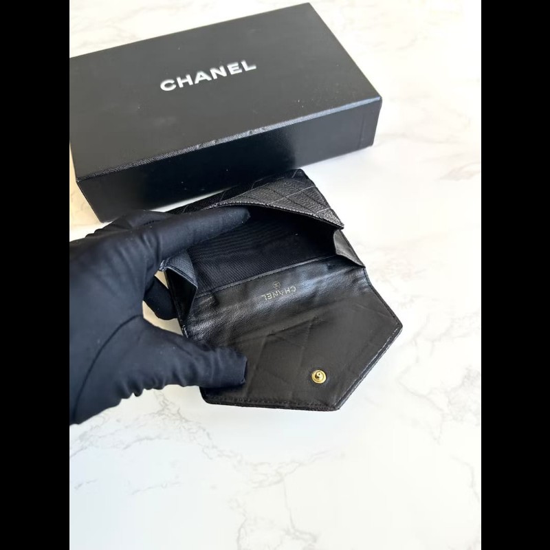 【LA LUNE】中古Chanel雙面魚子醬皮革 黑色短夾 皮夾 錢包 小包 古董二手包-5