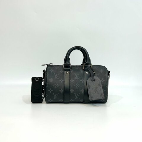 LV黑灰原花銀釦Keepall 25手提斜背包M46271