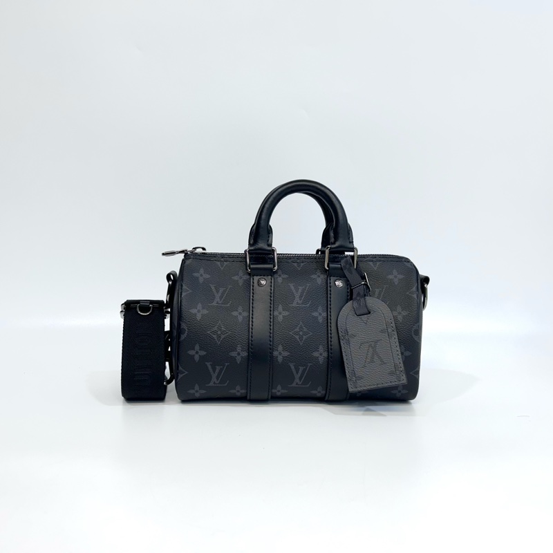LV黑灰原花銀釦Keepall 25手提斜背包M46271-0
