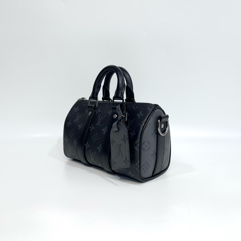 LV黑灰原花銀釦Keepall 25手提斜背包M46271-2