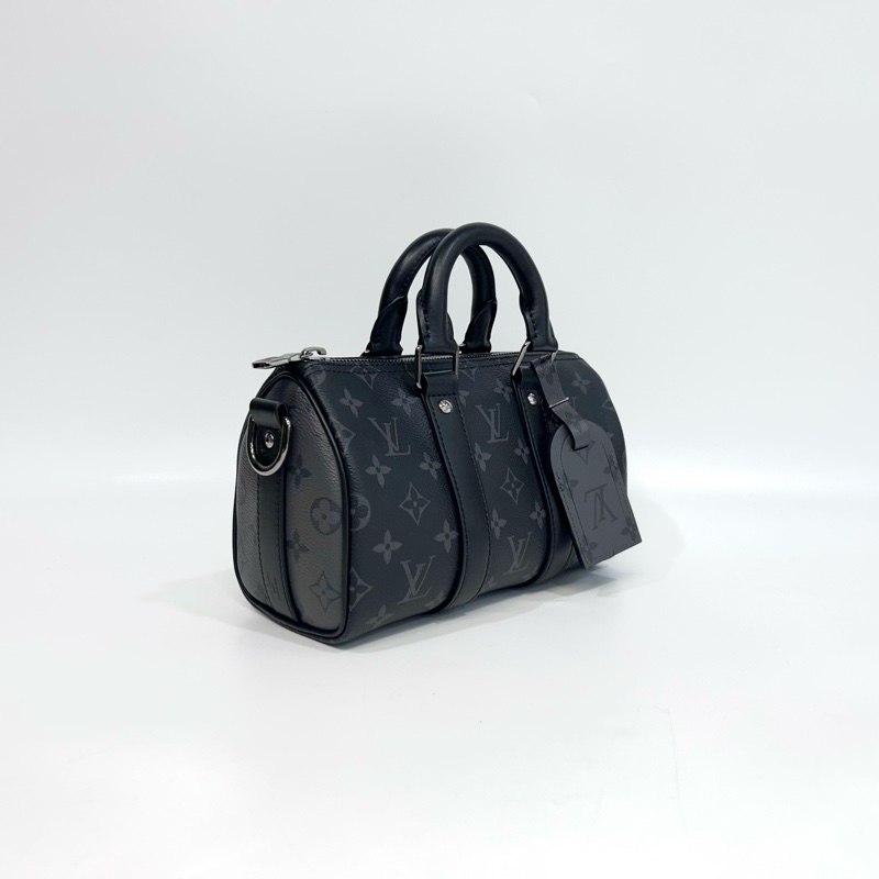 LV黑灰原花銀釦Keepall 25手提斜背包M46271-3