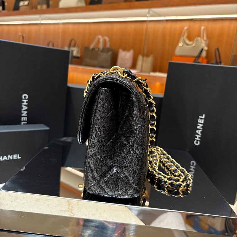 【現貨|快速出貨】CHANEL 25P 黑色魚子醬牛皮雙鏈口蓋包 22cm|經典金鍊|Caviar皮 全新-1