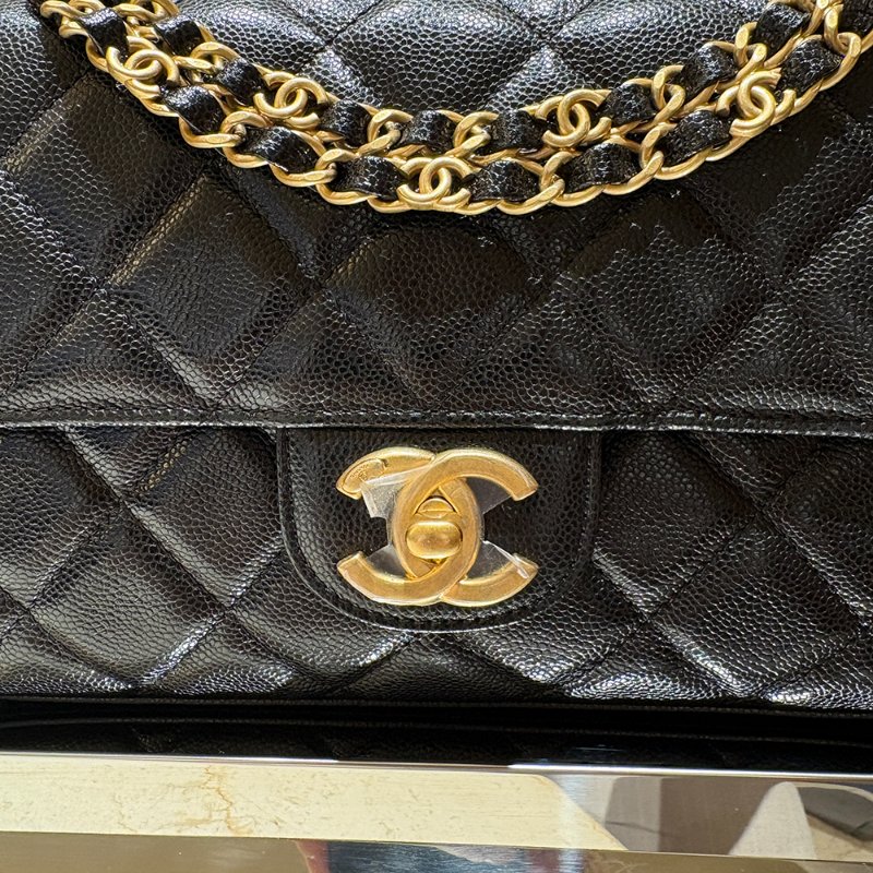 【現貨|快速出貨】CHANEL 25P 黑色魚子醬牛皮雙鏈口蓋包 22cm|經典金鍊|Caviar皮 全新-9
