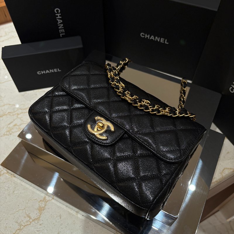 【現貨|快速出貨】CHANEL 25P 黑色魚子醬牛皮雙鏈口蓋包 22cm|經典金鍊|Caviar皮 全新-10