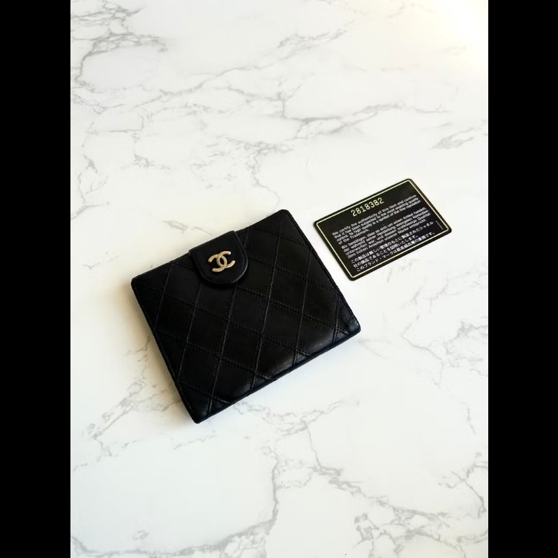 【LA LUNE】中古二手Chanel雙面小羊皮革黑色短夾小銀包零錢手袋-0