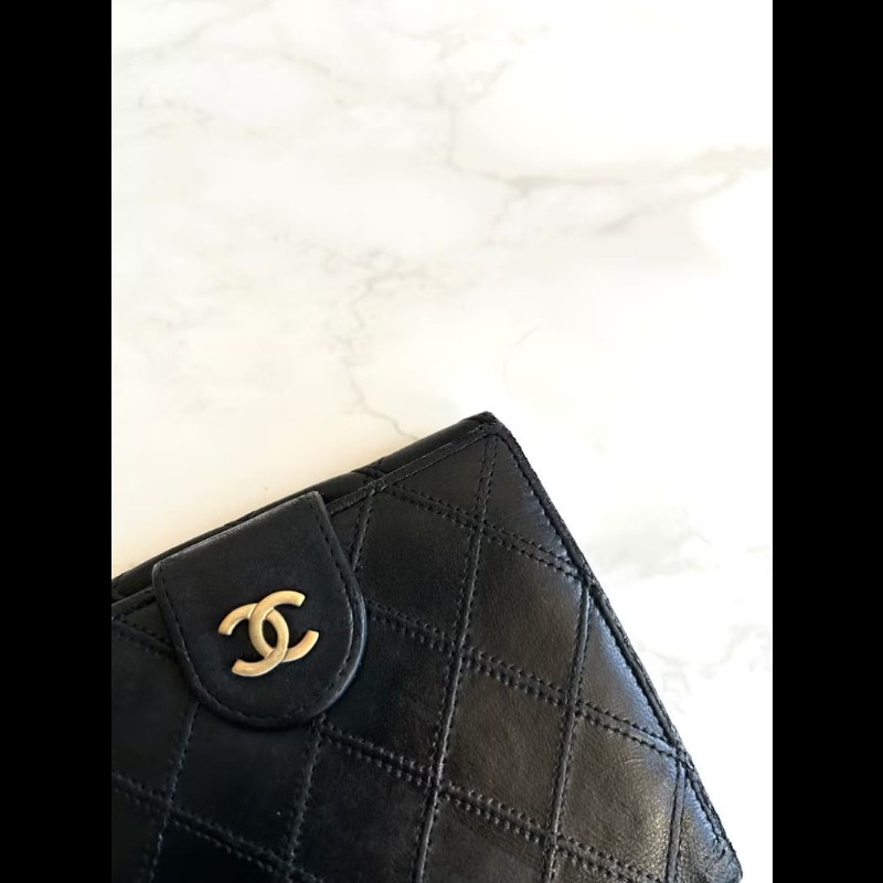 【LA LUNE】中古二手Chanel雙面小羊皮革黑色短夾小銀包零錢手袋-1