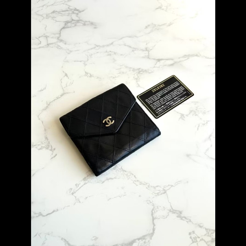 【LA LUNE】中古二手Chanel雙面小羊皮革黑色短夾小銀包零錢手袋-2