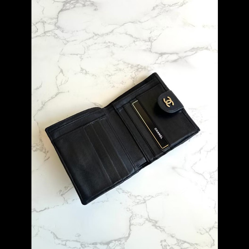 【LA LUNE】中古二手Chanel雙面小羊皮革黑色短夾小銀包零錢手袋-4