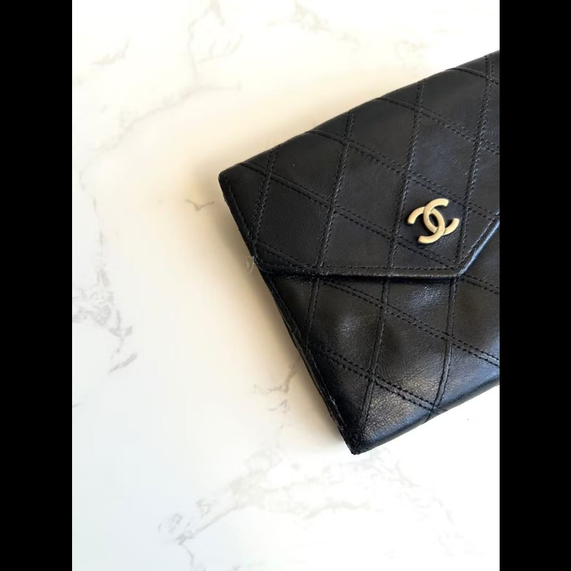 【LA LUNE】中古二手Chanel雙面小羊皮革黑色短夾小銀包零錢手袋-7