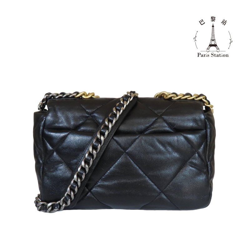 【巴黎站二手名牌專賣店】＊現貨＊CHANEL 香奈兒 真品＊黑色菱格紋羊皮19系列金釦26手提斜背包-1