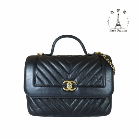 【巴黎站二手名牌專賣店】＊現貨＊CHANEL 香奈兒 真品＊黑色山形紋羊皮金色雙C提把金鏈肩背包