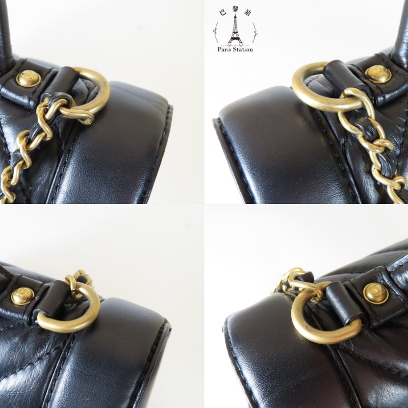【巴黎站二手名牌專賣店】＊現貨＊CHANEL 香奈兒 真品＊黑色山形紋羊皮金色雙C提把金鏈肩背包-6