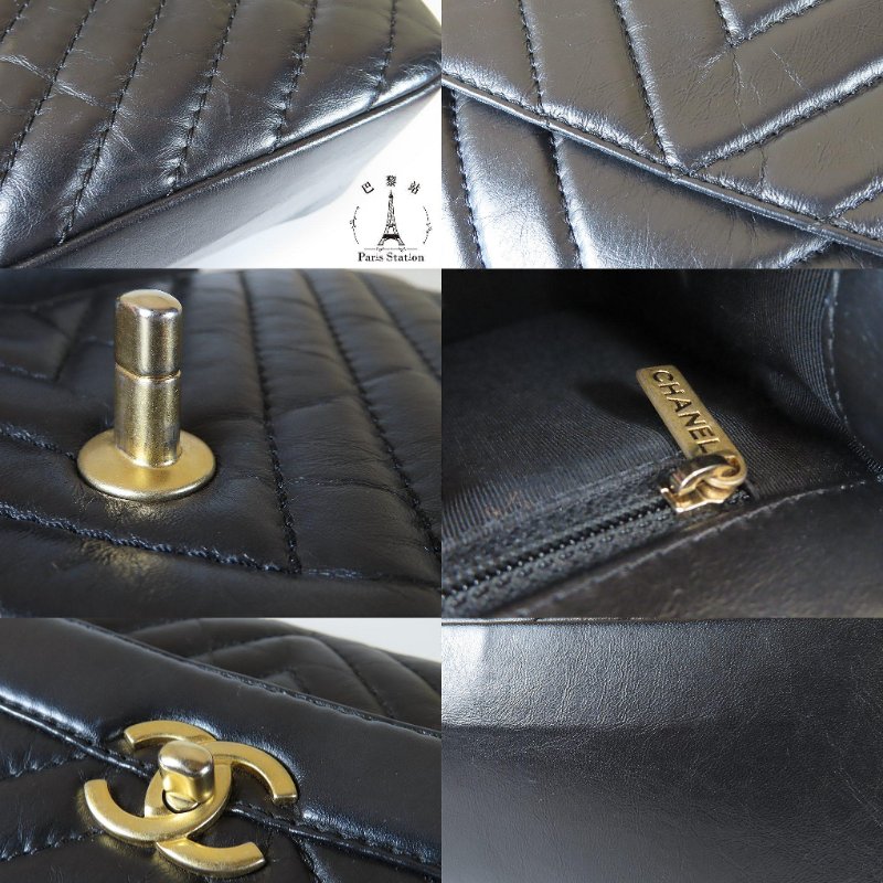 【巴黎站二手名牌專賣店】＊現貨＊CHANEL 香奈兒 真品＊黑色山形紋羊皮金色雙C提把金鏈肩背包-7