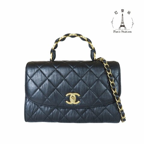 【巴黎站二手名牌專賣店】＊現貨＊CHANEL 香奈兒 真品＊黑色菱格紋皺褶小羊皮金色雙C手提把皮穿鏈肩背包